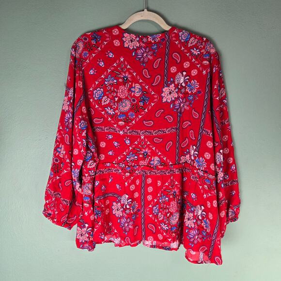 Cato Womens Red Blue Floral Paisley Print Tie Front Kimono Top Size XL - Picture 2 of 8